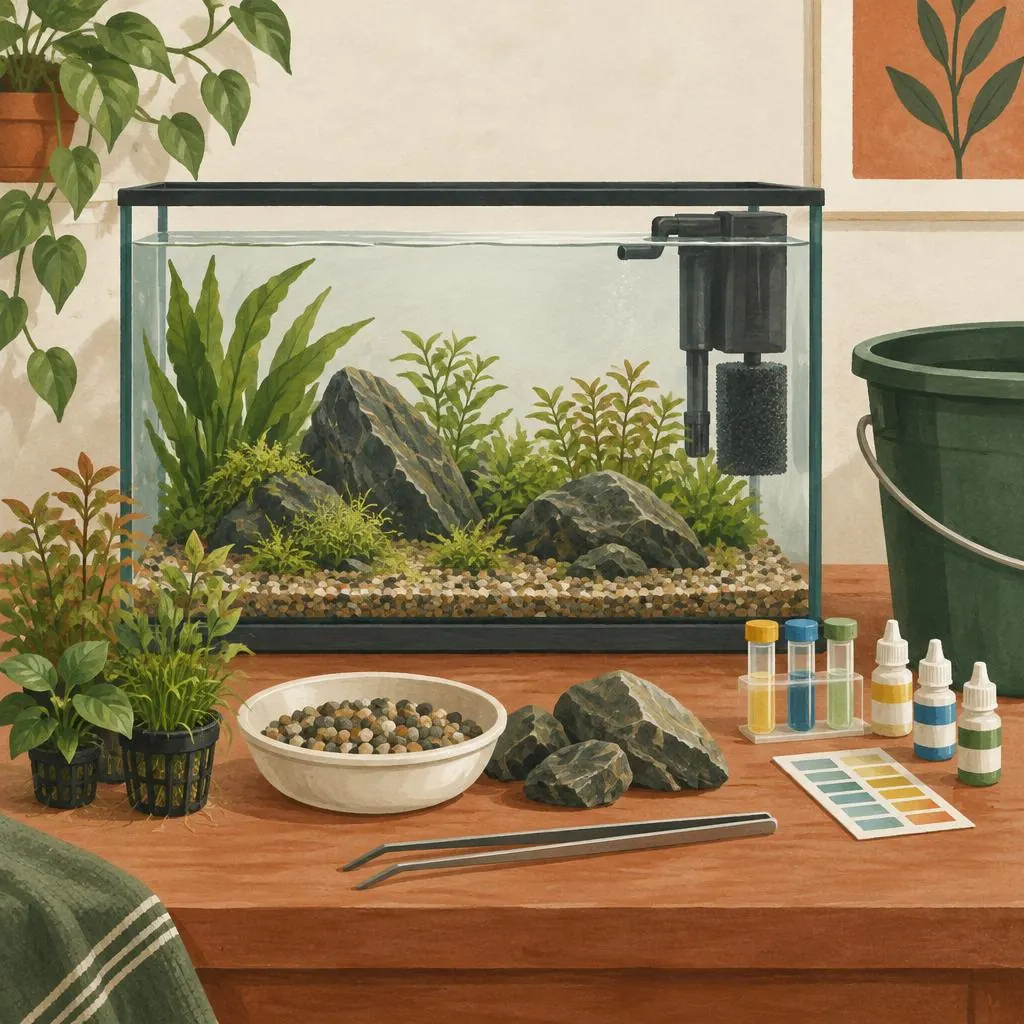 Illustratie: een beplant aquarium zonder vissen naast watertests en benodigdheden voor de opstart