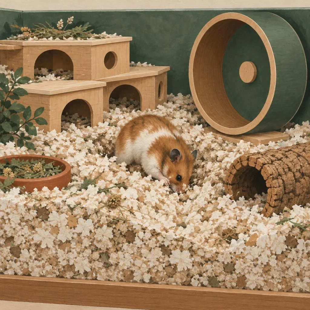 Illustratie: een hamster graaft in diepe bodembedekking naast een loopwiel en schuilhuis