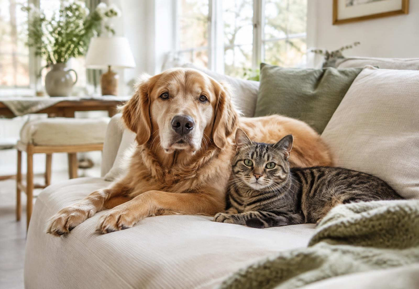 Hond en kat samen op de bank