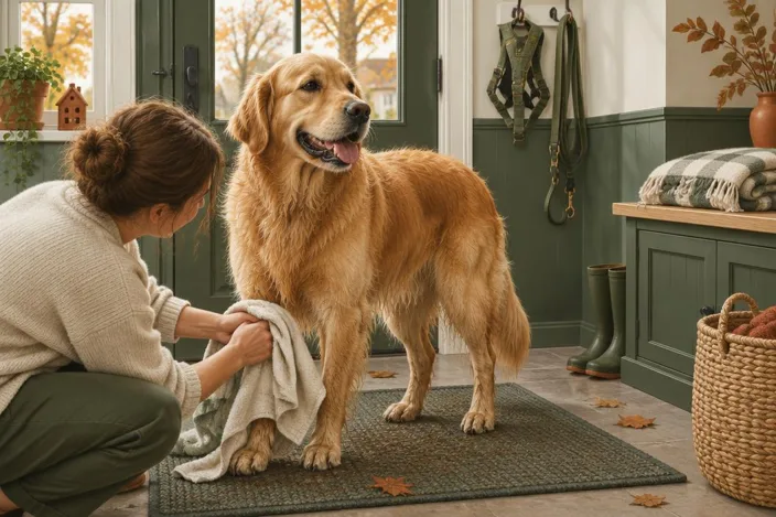 Illustratie: eigenaar droogt de poten van een golden retriever met een handdoek na een natte wandeling