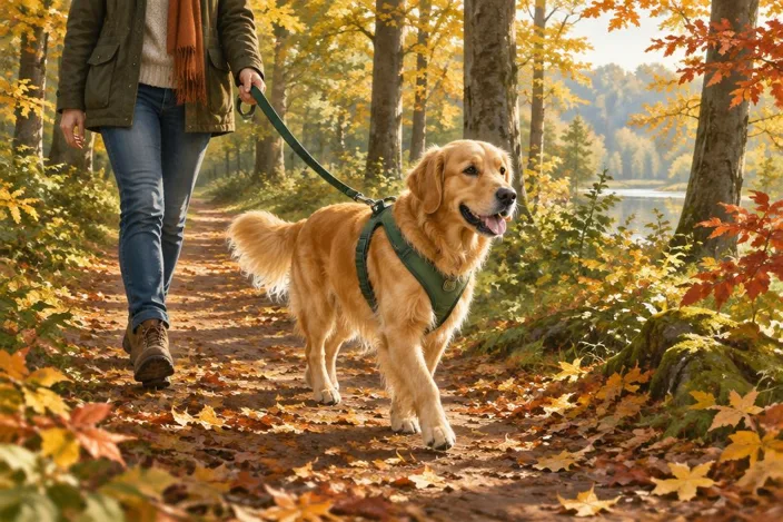 Illustratie: golden retriever aan een losse lijn op een bospad met herfstbladeren