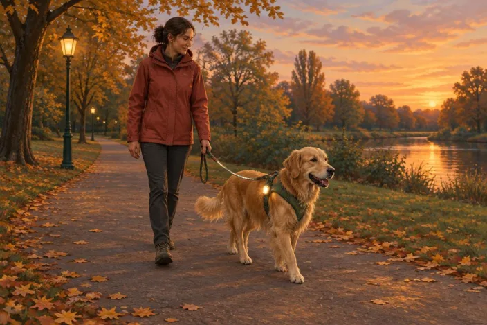 Illustratie: hond met lampje aan zijn tuig en een reflecterende lijn tijdens een herfstwandeling in de schemering