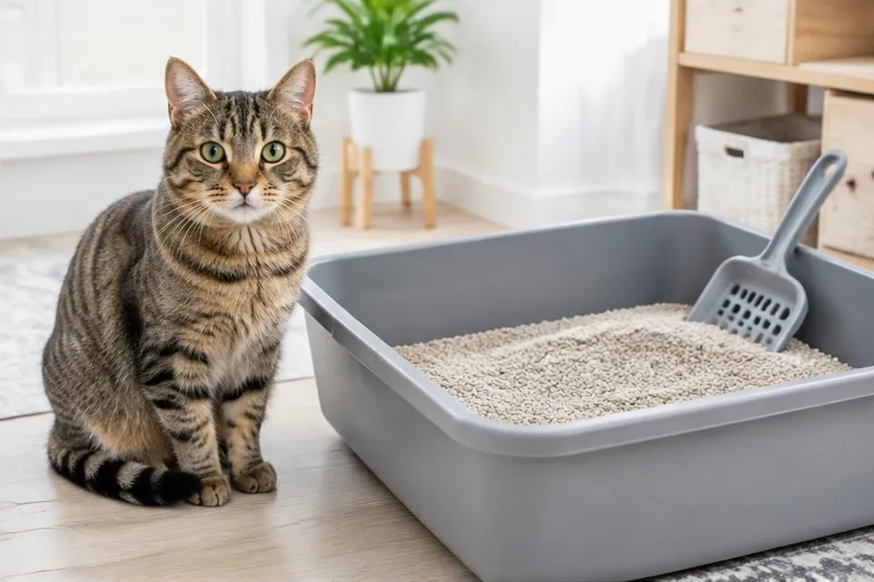 Illustratie: kat naast een open kattenbak met kattenbakvulling en schepje