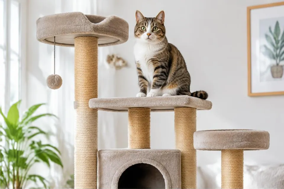 Illustratie: kat op een krabpaal met sisalpalen en ligplaatsen