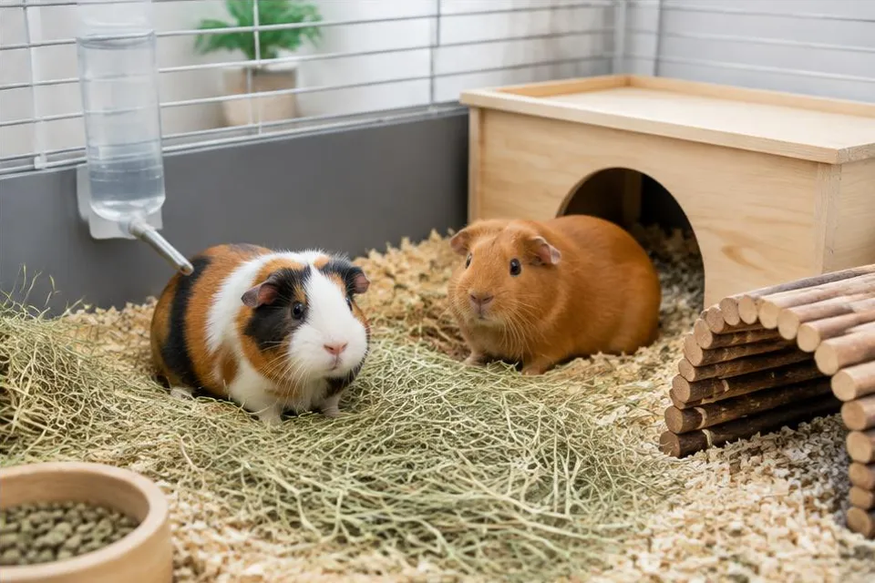 Illustratie: cavia’s in een verblijf met hooi, schuilhuisje en drinkfles