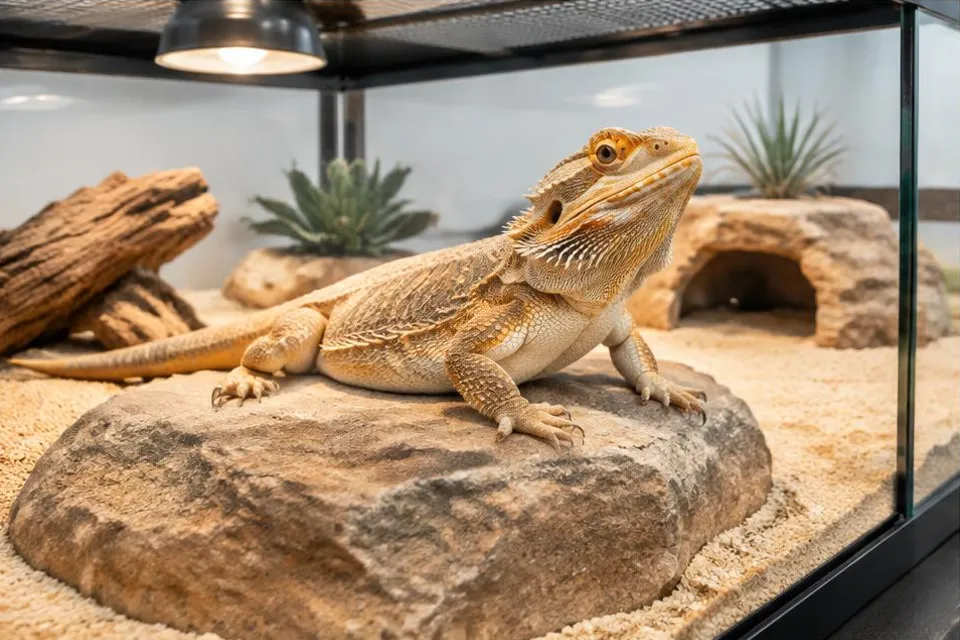 Illustratie: baardagaam op een steen in een verlicht terrarium